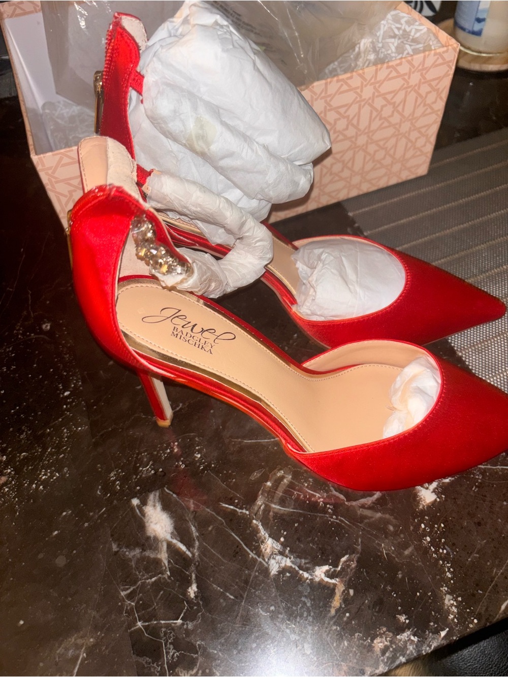 Jewel Badgley Mischka Red Satin Pointed-Toe Ankle-Strap Heels with Gold Accent